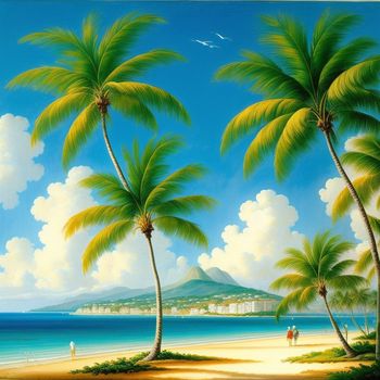 painting of a beach with palm trees and people walking on the beach in the distance and a mountain in the distance