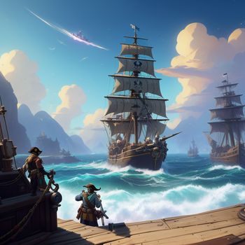 painting of a pirate ship in the ocean with another ship in the background and another ship in the foreground