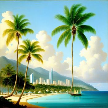 painting of a beach with palm trees and a city in the background with a sailboat in the water