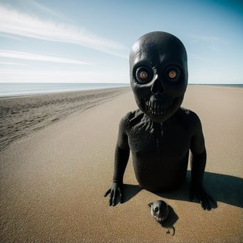 creepy looking figure sitting on the beach next to a dead bird in the sand with a blue sky in the background