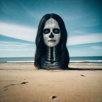 woman with skeleton makeup on a beach with a sky background and a body of water in the background