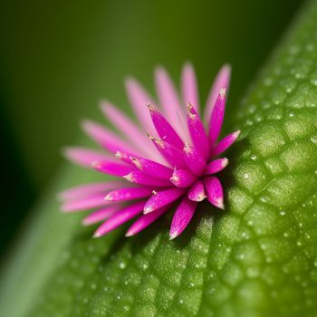 pink flower is on a green leaf with water droplets on it's surface and a green background