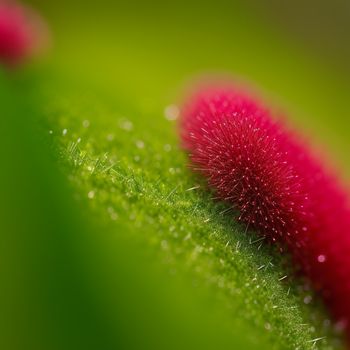 close up of a green and red plant with water droplets on it's surface and a green background