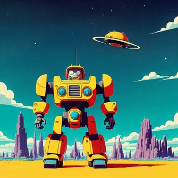 cartoon of a robot with a spaceship in the background and a planet in the sky above it