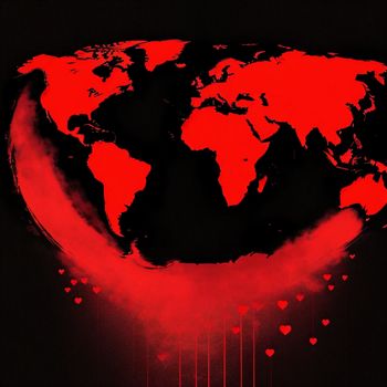 red heart shaped map of the world on a black background with hearts floating around it and a red glow