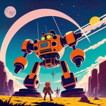 robot standing in a desert with a man standing next to it and another robot in the background with a moon in the sky