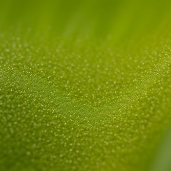 close up of a green leaf with water droplets on it's surface and a green background with a white spot