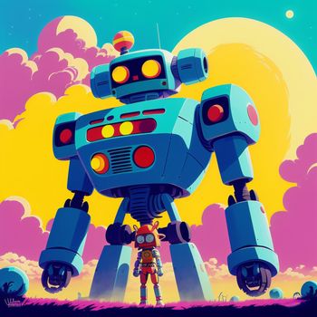 robot standing in front of a full moon in a cartoon style with a person standing next to it