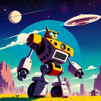 robot with a spaceship in the background and a planet in the foreground