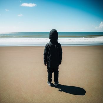 person standing on a beach looking at the ocean and the sky with a hood on and a black jacket on