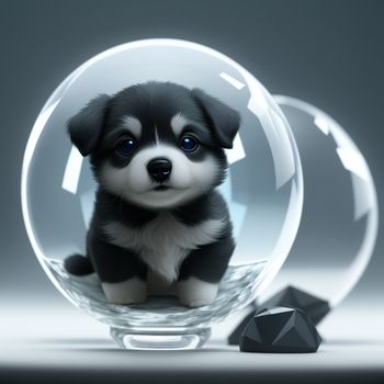 puppy sitting inside of a glass ball with a black and white puppy inside of it and a black and white diamond