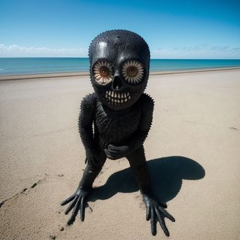 strange looking creature on a beach with a blue sky in the background and a body of water in the foreground