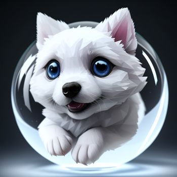 white dog with blue eyes sitting inside a glass ball with a black background and a black background behind it