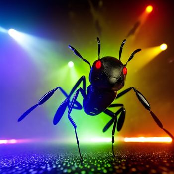 bug with red eyes standing on a stage with lights behind it and a spotlight behind it that is brightly colored