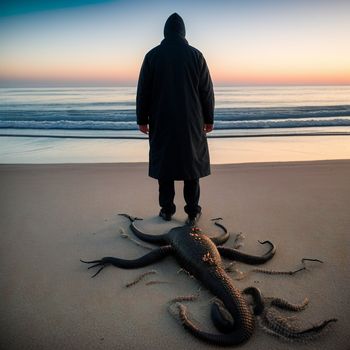 man standing on a beach next to a large lizard on the sand with a person standing behind him