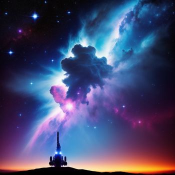 colorful sky with a tower in the middle of it and stars in the sky above it and a cloud in the sky