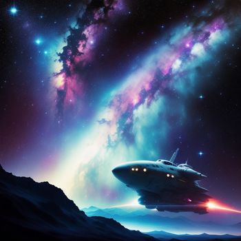 space ship flying through a colorful sky filled with stars and a galaxy behind it