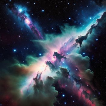 colorful picture of a star filled sky with clouds and stars in the background and a bright star in the center