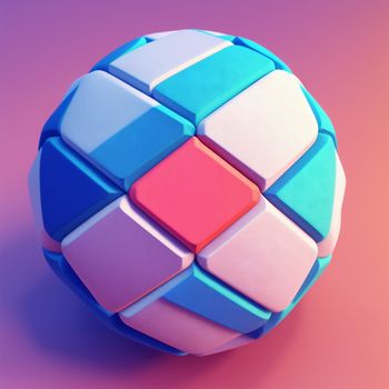 colorful ball of colored tiles on a pink background with a pink and blue background behind it and a pink and blue background