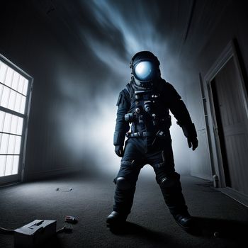 man in a space suit standing in a dark room with a window open and a flashlight shining in the dark