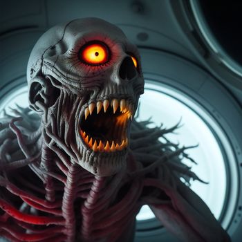 creepy looking alien with glowing eyes and a red eye in a space station setting with a washing machine