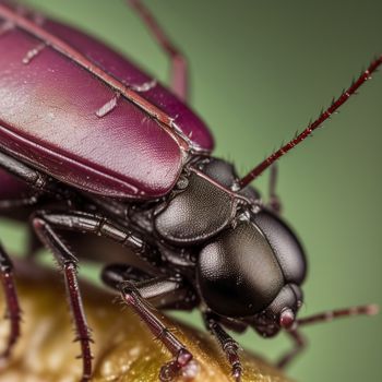 close up of a bug on a piece of fruit with other bugs around it and a green background