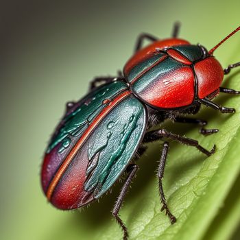 close up of a red and green bug on a green leaf with water droplets on it's wings