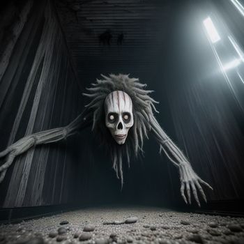 creepy skeleton with long hair and a creepy face is in a dark room with a light coming from the ceiling