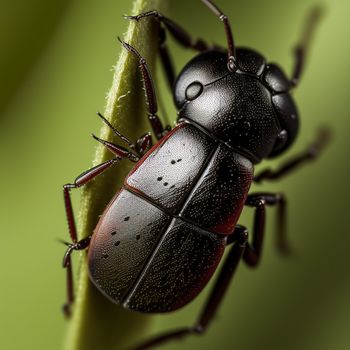 close up of a black bug on a green plant stem with water droplets on it's surface