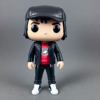 pop vinyl figure wearing a leather jacket and hat with a red shirt and black pants and white sneakers