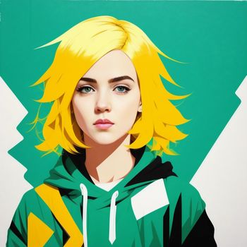 painting of a woman with blonde hair and green hoodie on a white background with a green triangle