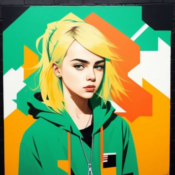 painting of a blonde haired girl with a green hoodie on a brick wall with a geometric background