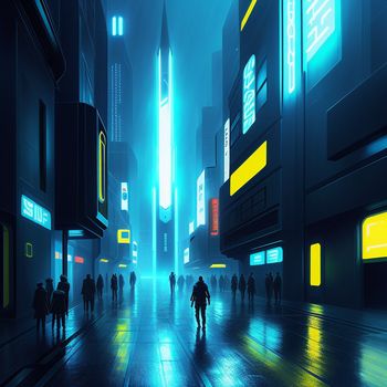 group of people walking down a street at night in a city with neon lights and tall buildings on either side of the street