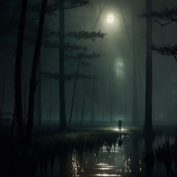 person walking in the dark forest at night with a light on the tree and a foggy sky