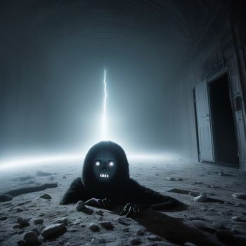 strange looking object in the middle of a dark room with a lightening bolt in the background and a person in the middle of the room