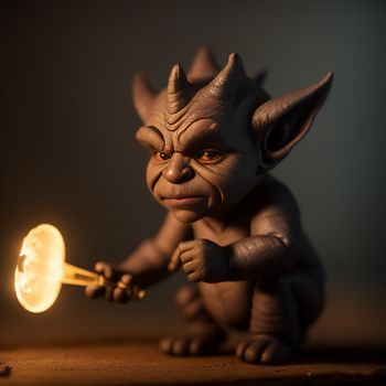 small troll holding a light bulb on a table with a dark background and a dark background behind it