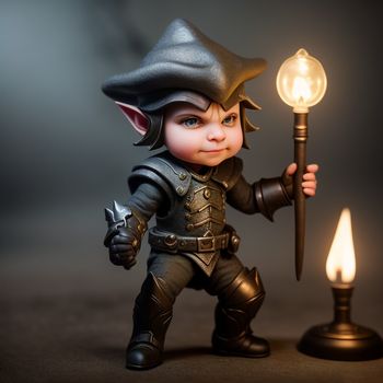 small figurine of a boy holding a light bulb and a lamp on a table next to a lamp