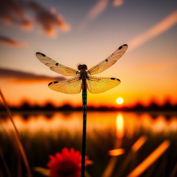 dragonfly sitting on top of a flower next to a body of water at sunset or dawn with a reflection of the sun in the water