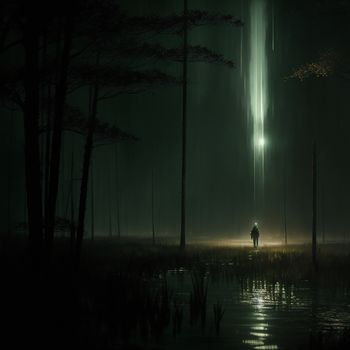 person standing in the dark near a forest with a light shining on it's head and a foggy night