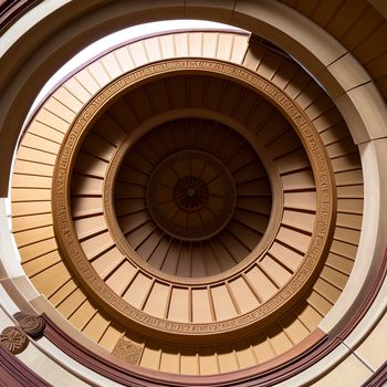 spiral staircase with a clock on the side of it and a skylight above it in a building