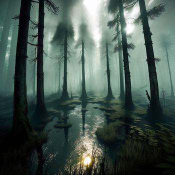 swampy swamp with trees and water in the foggy forest at night time with sun shining through the fog