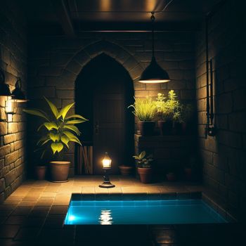 pool in a dimly lit room with a plant and a light on it's side and a potted plant in the corner