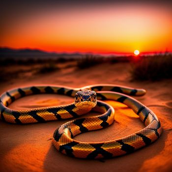 snake is curled up on a sandy surface at sunset in the desert