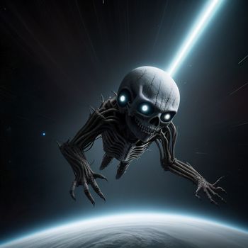 strange looking alien flying over the earth in space with a light saber in his mouth and glowing eyes