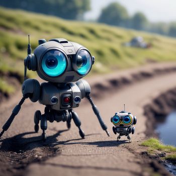 couple of little robots standing on a road next to a puddle of water and grass with a car in the background