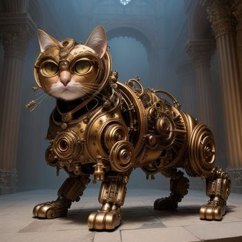 cat made of gold gears and a black collar and eyes is standing on a stone floor in a room with columns