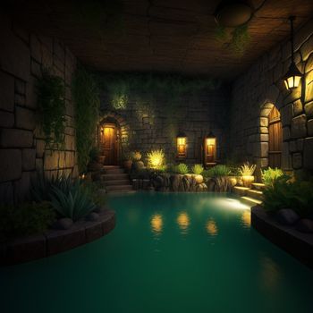 pool with a waterfall and a stone wall next to it at night time with lights on the doors