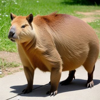 brown and black animal standing on a sidewalk next to grass and flowers on a sunny day with a blue sky