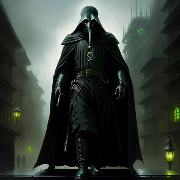 man in a black robe and a green light in the background is a city with buildings and a lantern