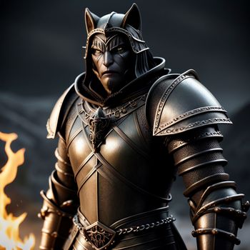 man in a suit of armor with a sword and fire behind him